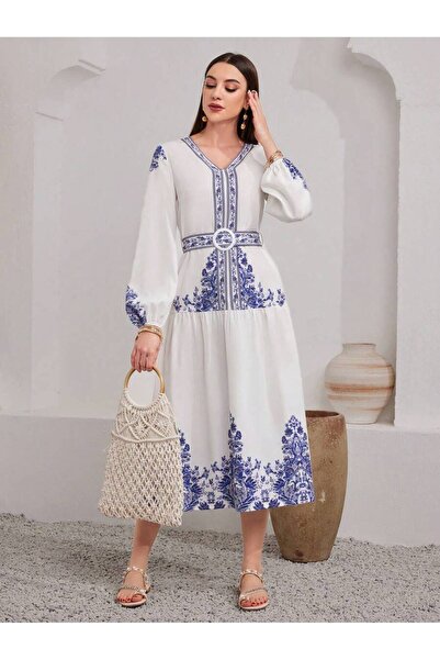 Iuliashop Rochie lungă albă Lilou cu imprimeu floral albastru - S