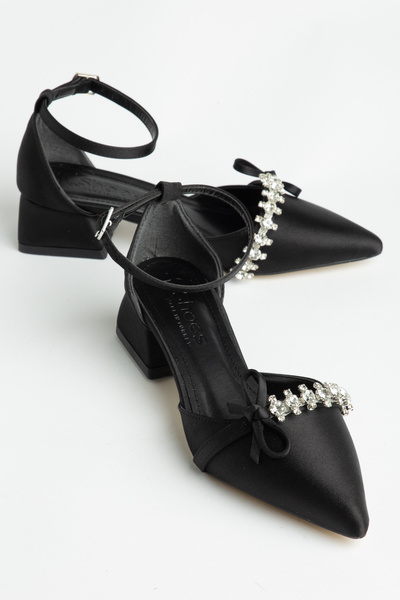 Nexs Pantofi stiletto negri, semi-închiși, cu curea la gleznă, panglică și pi...