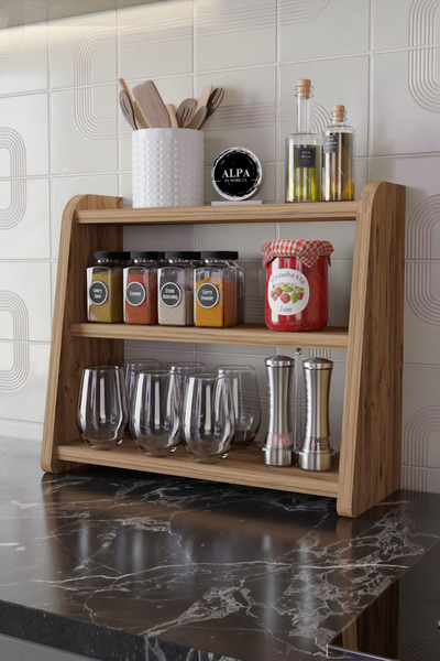 alpaevmobilya 3 Katlı Mutfak Tezgah Üstü Raf - Baharatlık, Kavanoz ve Erzak D...