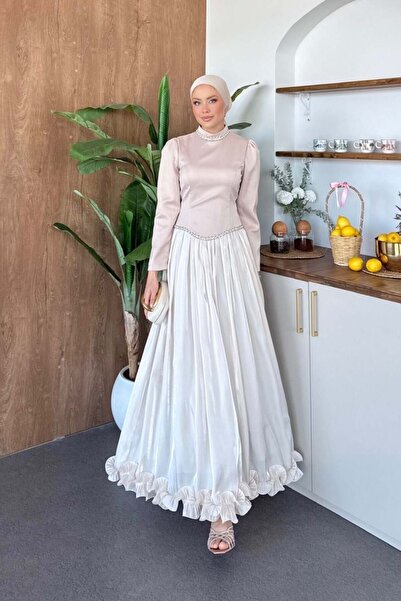Şulemoda Giyim Βραδινό φόρεμα Roxana με πέτρες, μπεζ
