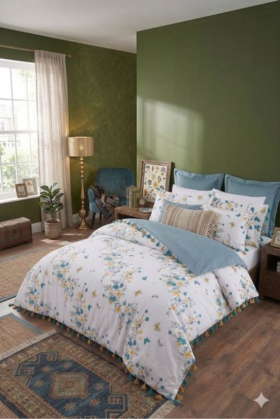 karanihome طقم غطاء لحاف مزدوج بنقشة زهور مع طقم ملاءات