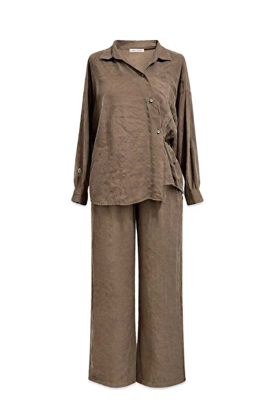 Mixray 4840 Γυναικείο πουκάμισο Soft Flow και παντελόνι, φαρδύ σετ καφέ