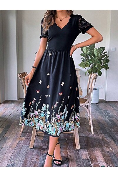 Iuliashop Rochie midi Rowa neagră cu imprimeu multicolor - S