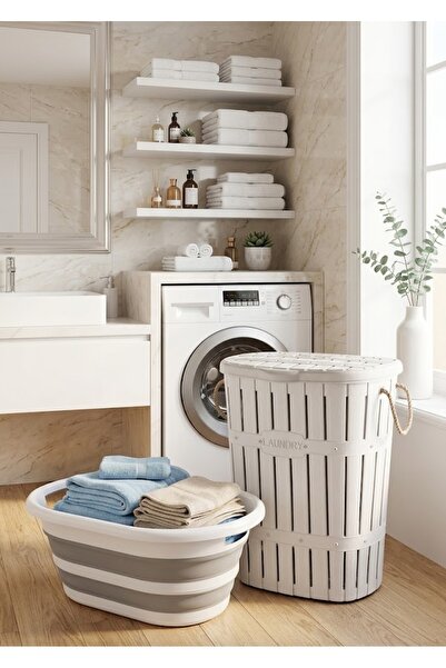 Buclee 65 L Bambu Halatlı Lüks Çamaşır Sepeti + 25 L Katlanabilir Akordiyon Sele