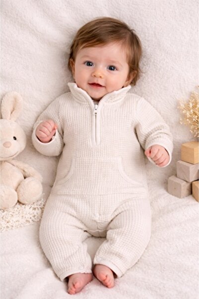 Superbaby Λευκό βαμβακερό βρεφικό ολόσωμο φορμάκι με φερμουάρ - ByMurat