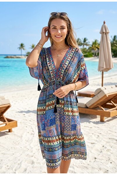 LAGRANZE AZURÉA VISTA Γυναικείο Μακρύ Φόρεμα με Σχέδια – Λαιμόκοψη V, Ρευστό ...