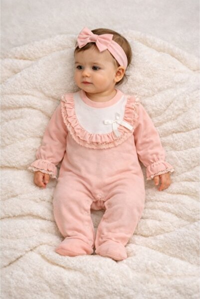 Superbaby Ροζ βρεφικό ολόσωμο φορμάκι με δαντελένιο γιακά