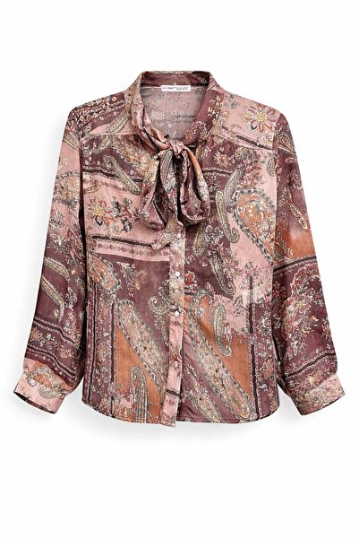 Mixray 4868 Γυναικεία μπλούζα με σχέδιο σάλι και δέσιμο με φουλάρι, καφέ χρώμα