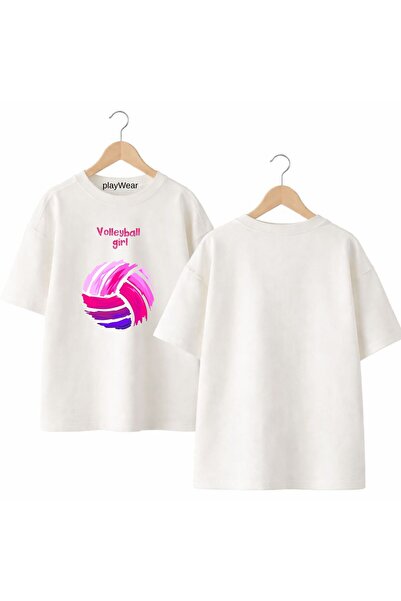playwear Tricou cu decolteu rotund, cu imprimeu pentru fete de volei, 100% bu...