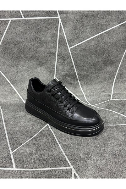 modaayakkabı Black Genuine Leather Lace-Up Sneaker
