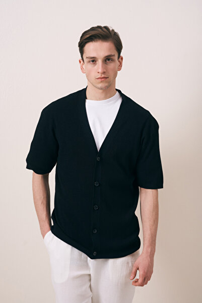 İLKCET MODA Short Sleeve Black Men's Oversize Knitwear Cardigan