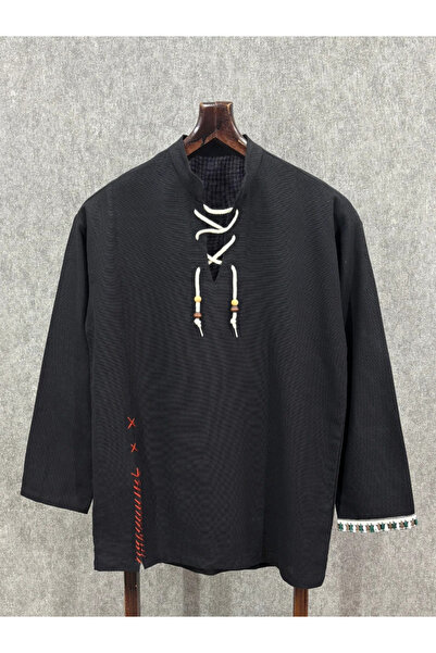 FıttingRoom Super Oversize Long Size Cotton Linen Black Bohemian Tshirt