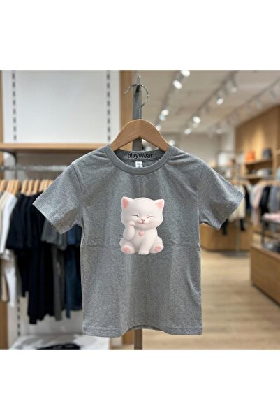 playwear Παιδικό unisex μπλουζάκι με στάμπα γάτας και κρεμαστό ροζ καρδιά, 10...