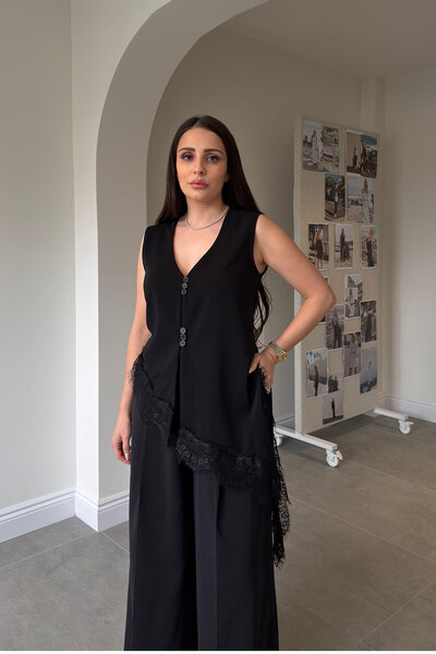 MAGARDE Υφαντό γιλέκο με δαντέλα στη φούστα - ΜΑΥΡΟ