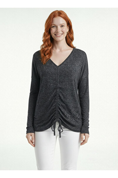 Neden Tekstil Γυναικεία μακρυμάνικη πλεκτή μπλούζα με λαιμόκοψη V και λεπτομέ...