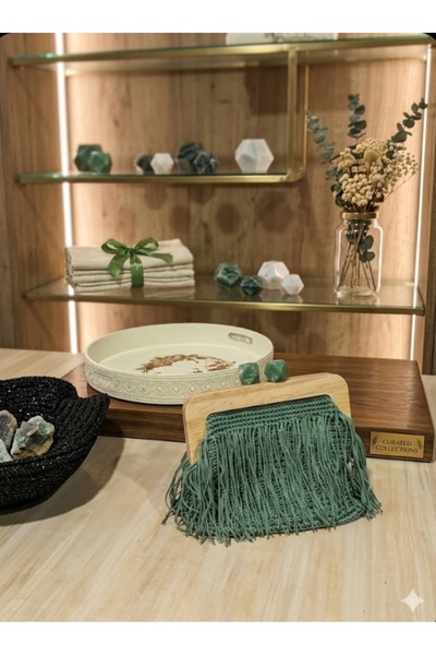 ÜA COLLECTION El örgüsü makrome ipten orijinal ahşap burslu haki yeşil çanta