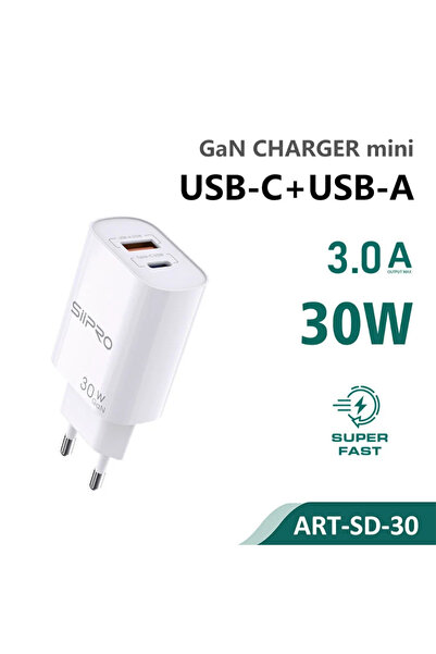 SiPro Siipro 30W 1x PD USB-C 1x QC3.0 USB GaN Fast Charger White (SD-30)