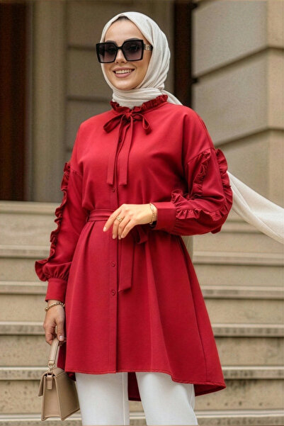 N.S NEVA STYLE Κουμπωτό Κόκκινο Τουνίκ Χιτζάμπ 20295K