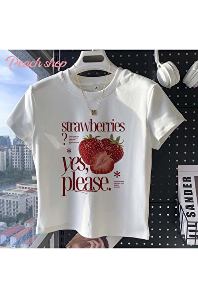 darkopia Γυναικείο μπλουζάκι με στάμπα φράουλες, χτενισμένο βαμβακερό, κοντό ...