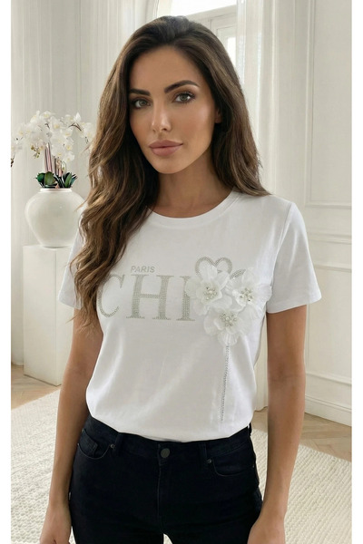 UniqueStore.ro Λευκό βαμβακερό μπλουζάκι με φλοράλ απλικέ και κρύσταλλα