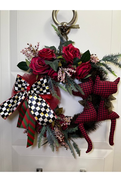 GÜLHOBY Red Rose Cat Figure Checkered Ribbon Door Ornament