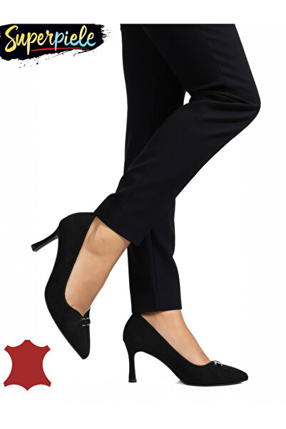 ANGEL BLUE Κομψά μαύρα γυναικεία παπούτσια από φυσικό σουέτ με τακούνι στιλέτο