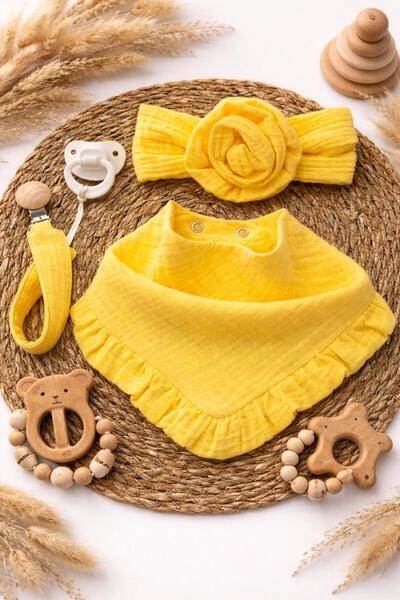 LUMİBABY BUTİK 4 kat müslin fırfırlı mama önlüğü,emzik askısı,bandana seti,be...