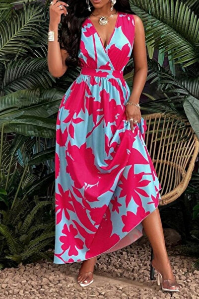 Modayakamoz Νέα σεζόν Γυναικείο Φόρεμα με Τιράντες, Διπλό Γιακά, Φλοράλ Σχέδι...