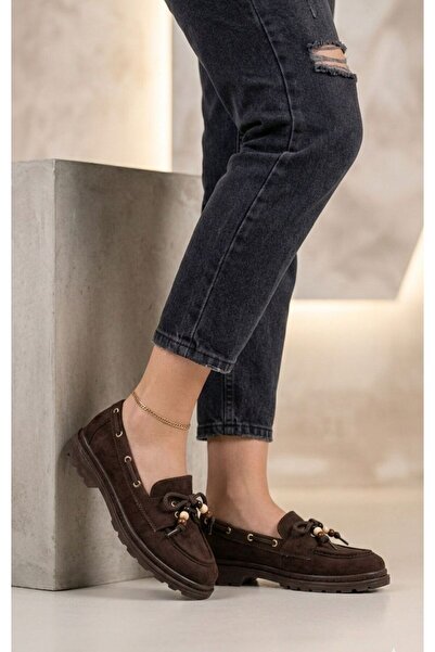 KUTUP Kadın Yüksek Kaymaz Taban ve Dana Süet Boncuklu Bağcıklı Loafer Oxford ...
