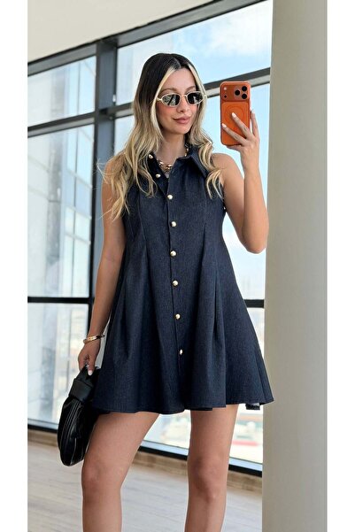 HARMONY GLOBAL Τζιν φόρεμα με χρυσά κουμπιά, αμάνικο, μίνι καμπάνα 7849