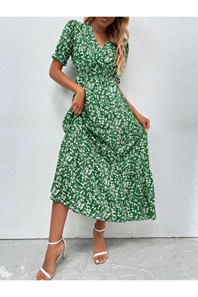Iuliashop Rochie Midi Genia Verde cu Print Floral Alb - XS
