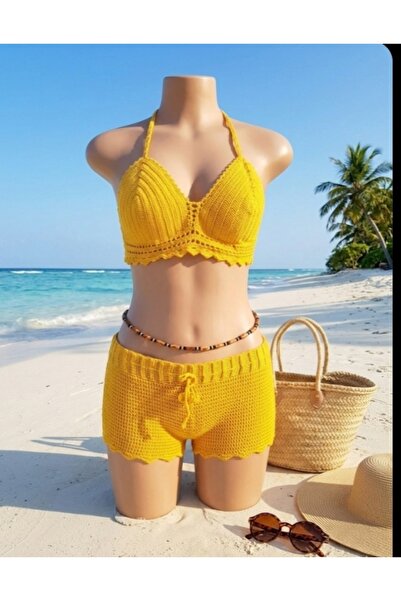 ÜA COLLECTION El örgüsü sağlıklı terletmeyen ipten şortlu 36 beden bikini takımı