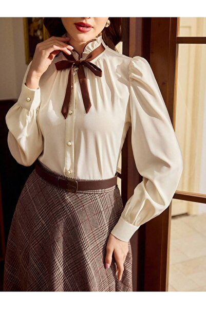 Iuliashop Bluză de damă Miriam crem cu fundă maro - S
