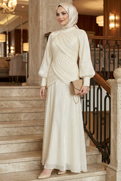 N.S NEVA STYLE Drape Detaylı Ekru Tesettür Abiye Elbise 55821E