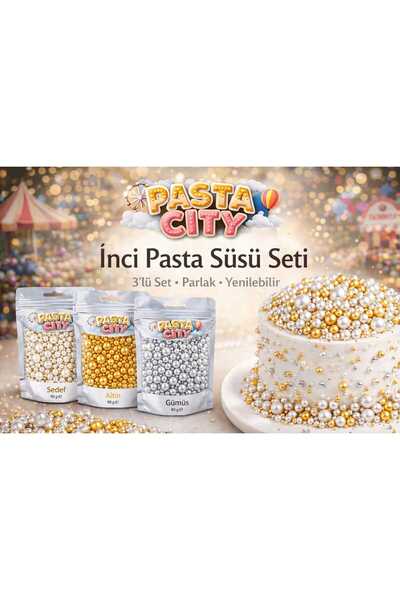 By Paster Pasta City Yenilebilir İnci Pasta Süsü 3’lü Set (Altın – Gümüş – ) ...
