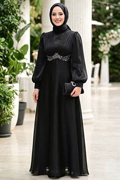 N.S NEVA STYLE Μαύρο Φόρεμα Χιτζάμπ με Λεπτομέρειες από Χάντρες 6295S