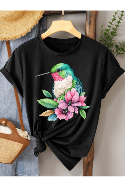gencerco Χαριτωμένο πολύχρωμο μπλουζάκι με στάμπα πουλιών Premium Oversize