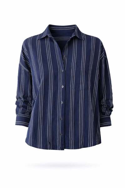 5in1Canpolat Μπλε ναυτικό ριγέ πουκάμισο oversize 6608