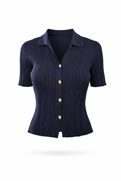 5in1Canpolat Navy Blue Gold Buttoned Ribbed Cardigan 251332