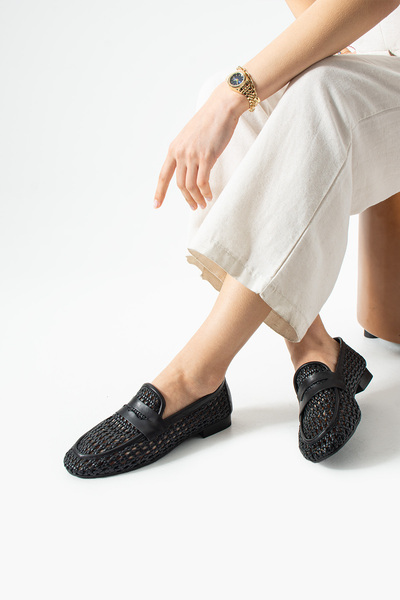 dericia shoes Royal Hakiki Deri Siyah Günlük Rahat Kadın Örgülü Loafer Ayakkabı