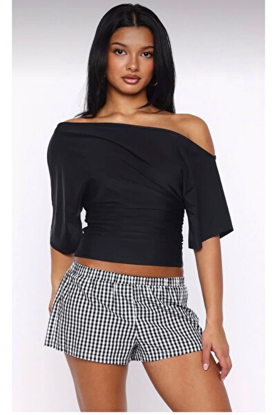 khar Ασύμμετρο γιακά με κοντό μανίκι, εφαρμοστή, ελαστική γυναικεία μπλούζα