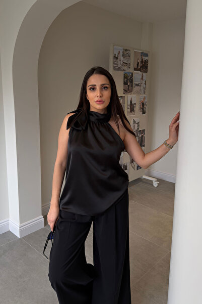 MAGARDE Σατέν μπλούζα με δέσιμο στο λαιμό Premium - ΜΑΥΡΟ