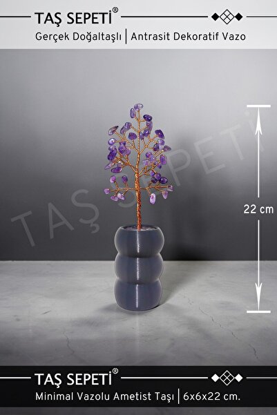 TAŞ SEPETİ Antrasit Dekoratif Minimal Vazo İçinde Ametist Taşı Doğal Taş Haya...