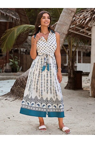 Iuliashop Rochie lungă albă Baricela cu imprimeu geometric - S