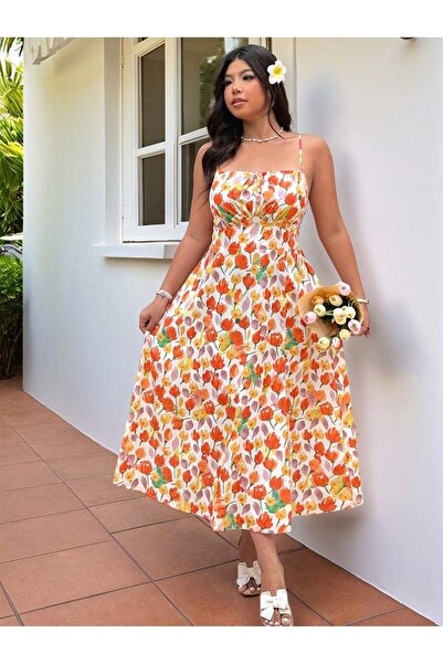 Iuliashop Rochie lungă albă Kasia cu imprimeu floral portocaliu și galben - M...
