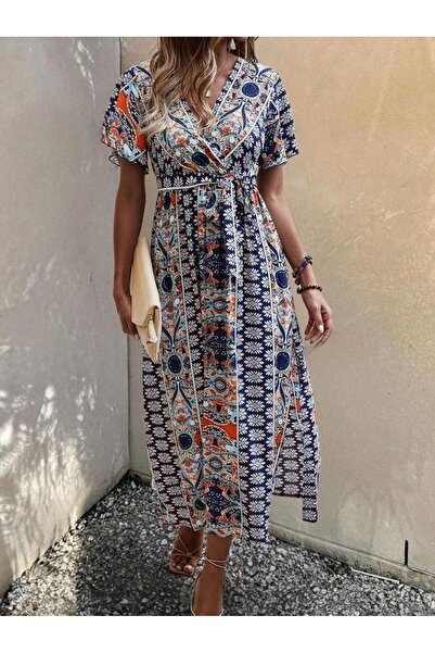 Iuliashop Rochie midi Celia în albastru marin cu imprimeu multicolor - M