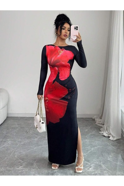 Iuliashop Rochie Lunga Daria Neagra cu Print Floral Rosu - S