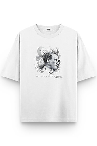Overoz Women's / Men's Semi Oversize T-Shirt Ataturk Printed White T-Shirt 1236