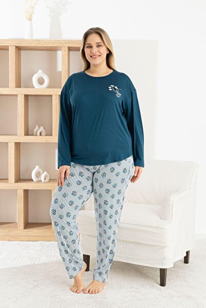 Pijamoni Γυναικείο Σετ Πιτζάμες Milan Plus Size με Μακρύ Μανίκι και Λεπτή Γρα...