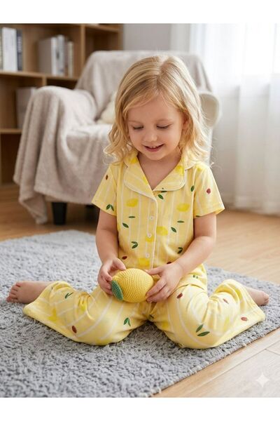 SERRASTIL Girl's Lemon Patterned Yellow Color Cotton Short Sleeve Pajama Set